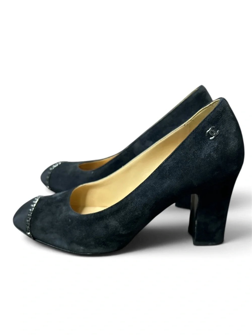 CHANEL Black Suede Chain CC Heels Pumps EU 38 US 7.5 8 Classic Work Luxury 2019